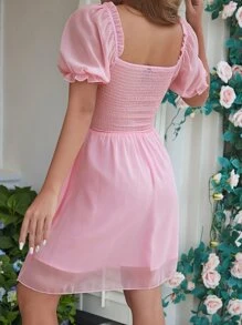SHEIN Holidaya Vestido unicolor de manga farol escote corazón fruncido - Rosa Pálido - Ver 2