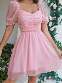 SHEIN Holidaya Vestido unicolor de manga farol escote corazón fruncido - Rosa Pálido - Ver 3