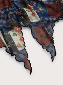 SHEIN MOD 色塊拼接圖案木耳邊不對稱下擺網紗襯衫 - 彩色 - 查看 4