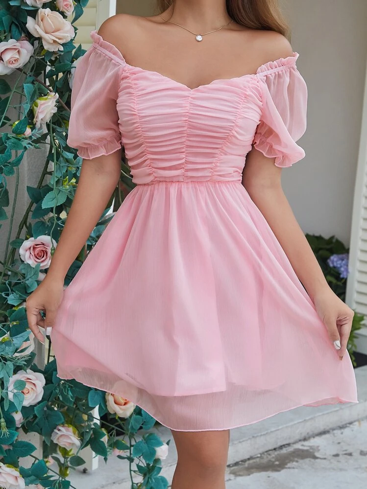SHEIN Holidaya Solid Puff Sleeve Sweetheart Neck Ruched Dress - Baby Pink - View 5