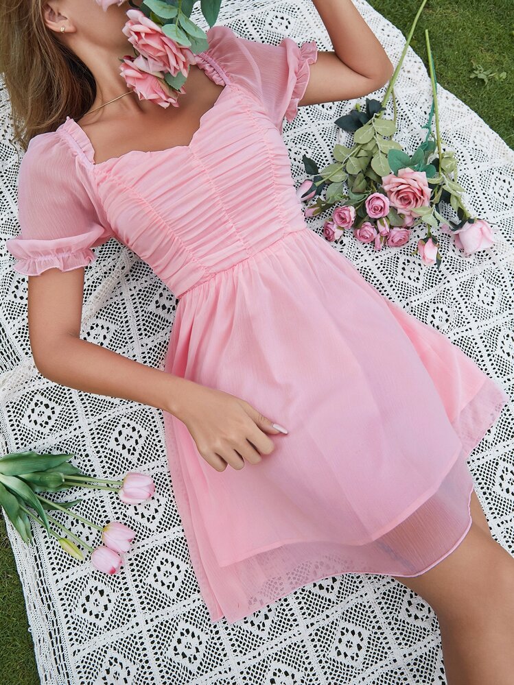SHEIN Holidaya Solid Puff Sleeve Sweetheart Neck Ruched Dress - Baby Pink - View 6