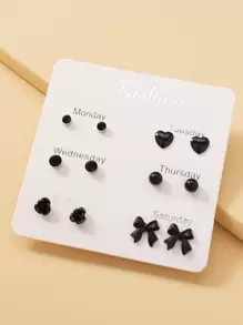 6 pares Pendientes con corazón & con diseño de lazo - Negro - Ver 1