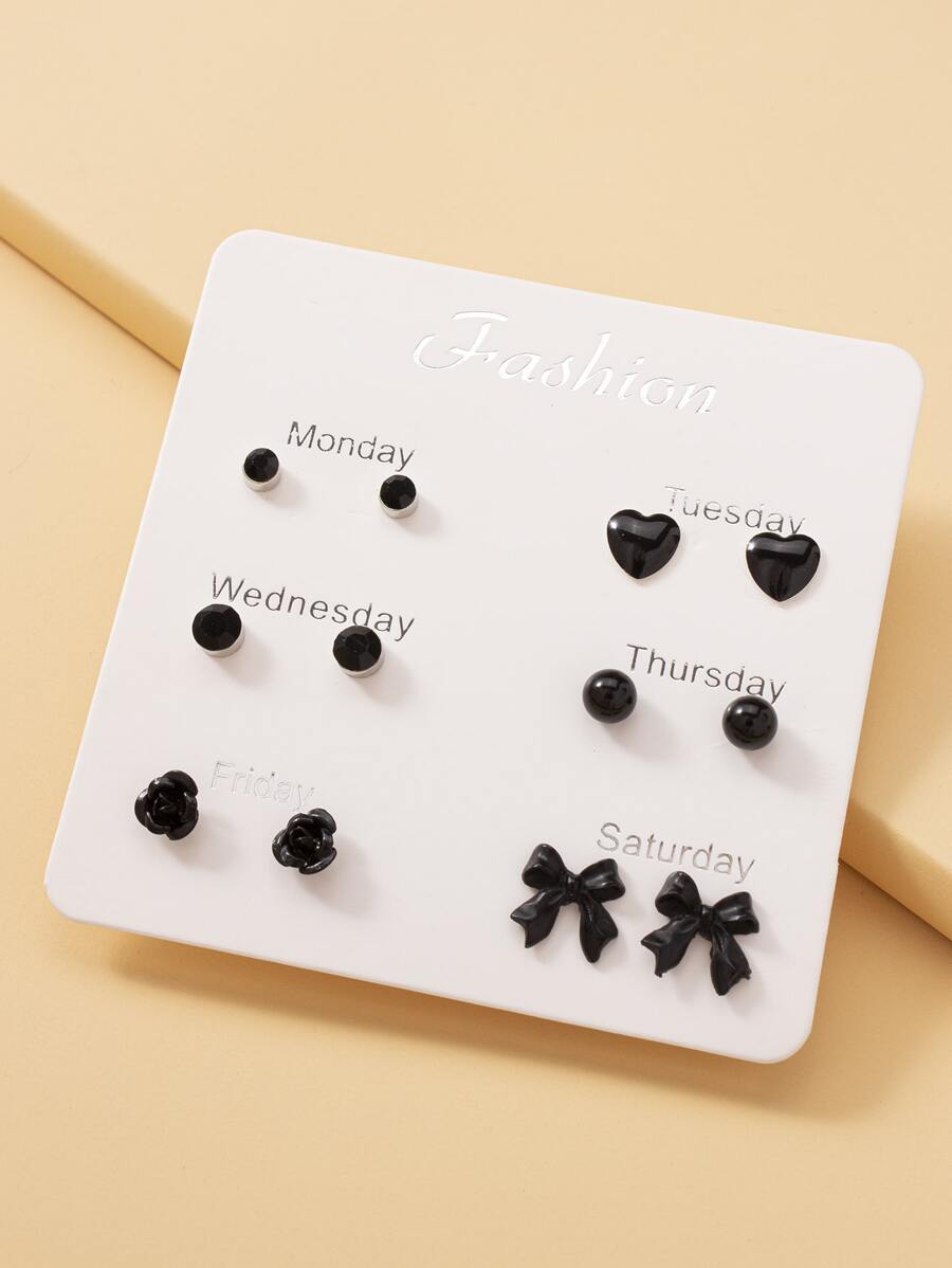 6 pares Pendientes con corazón & con diseño de lazo - Negro - Ver 1