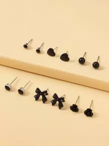 6 pares Pendientes con corazón & con diseño de lazo - Negro - Ver 2