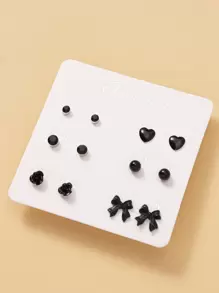 6 pares Pendientes con corazón & con diseño de lazo - Negro - Ver 3