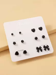 6 pares Pendientes con corazón & con diseño de lazo - Negro - Ver 4