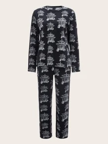 Dino & Panda Art Allover Cartoon Graphic Top And Pants PJ Set - Multicolor - View 1