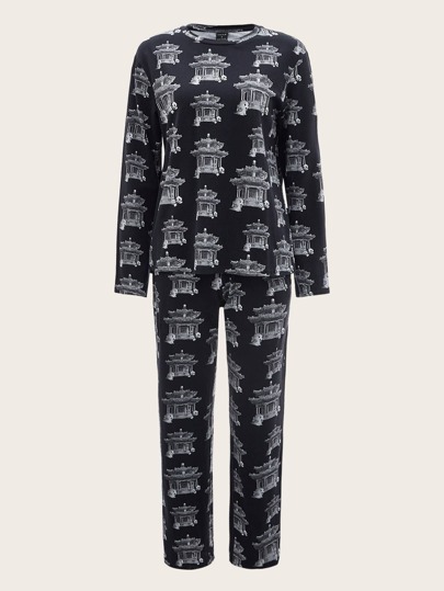 Dino & Panda Art 滿版卡通圖案上衣和褲子睡衣套裝