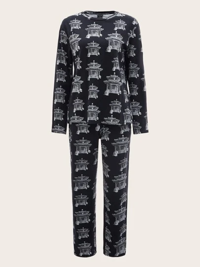 Dino & Panda Art 滿版卡通圖案上衣和褲子睡衣套裝