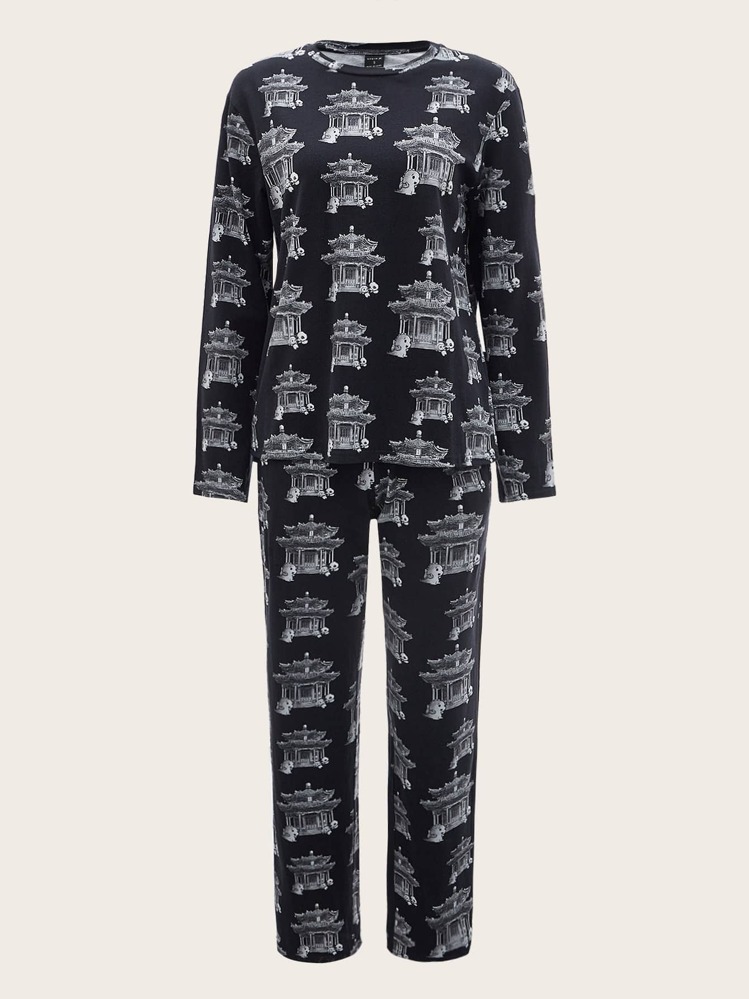 Dino & Panda Art 滿版卡通圖案上衣和褲子睡衣套裝 - 彩色 - 查看 1