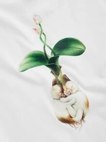 Oxana Fomina Floral & Rabbit Print Crop Tee - White - View 4