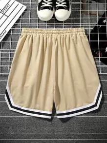 Aesthetic Post Pantalones Cortos Holgados Para Hombre Con Estampado De Letras, Ribete En Contraste Y Cordón En La Cintura - Caqui - Ver 2