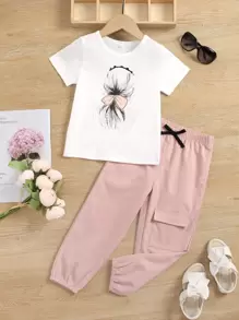 SHEIN Cô Gái Trẻ Đồ họa Hình Áo thun & Túi có nắp Nơ mặt trước Quần cà rốt - Nhiều màu - Xem 1