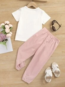 SHEIN Cô Gái Trẻ Đồ họa Hình Áo thun & Túi có nắp Nơ mặt trước Quần cà rốt - Nhiều màu - Xem 2