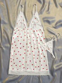 Heart Print Lace Trim Satin Slip Pajama Night Dress With Thong - White - View 2