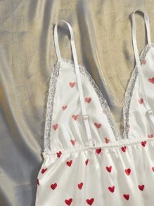 Heart Print Lace Trim Satin Slip Pajama Night Dress With Thong - White - View 3