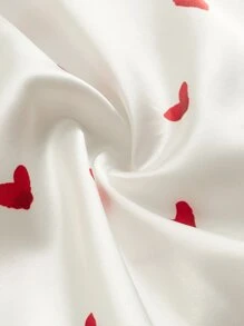 Heart Print Lace Trim Satin Slip Pajama Night Dress With Thong - White - View 4