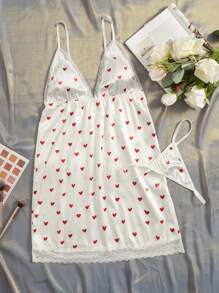 Heart Print Lace Trim Satin Slip Pajama Night Dress With Thong - White - View 5