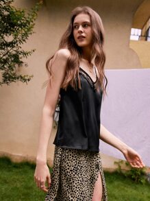 SHEIN Frenchy Lace Trim Cami Top - Black - View 1