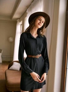 SHEIN Frenchy Solid Button Through Shirt Dress Without Belt - Black - View 1
