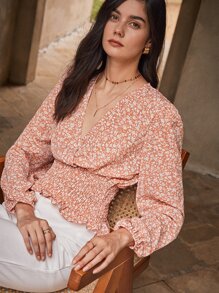 Chiquease Ditsy Floral Shirred Wrap Blouse - Coral Orange - View 1