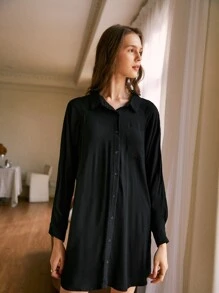 SHEIN Frenchy Solid Button Through Shirt Dress Without Belt - Black - View 4