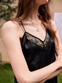 SHEIN Frenchy Lace Trim Cami Top - Black - View 5