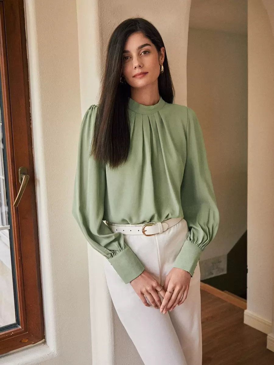 SHEIN Clasi Solid Ruched Keyhole Back Blouse Fall Cloth For Women - Lime Green - View 1