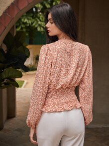 Chiquease Ditsy Floral Shirred Wrap Blouse - Coral Orange - View 2