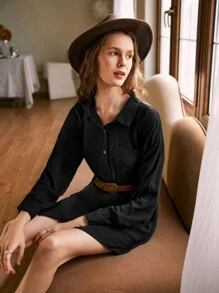 SHEIN Frenchy Solid Button Through Shirt Dress Without Belt - Black - View 6