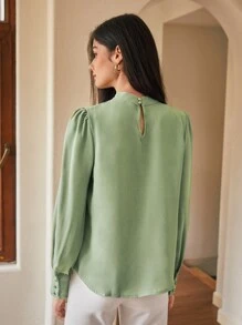 SHEIN Clasi Solid Ruched Keyhole Back Blouse Fall Cloth For Women - Lime Green - View 2
