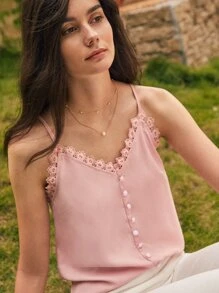 SHEIN Frenchy Button Front Lace Trim Cami Top - Baby Pink - View 1