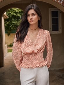 Chiquease Ditsy Floral Shirred Wrap Blouse - Coral Orange - View 4