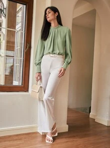 SHEIN Clasi Solid Ruched Keyhole Back Blouse Fall Cloth For Women - Lime Green - View 3