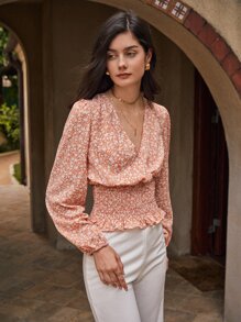 Chiquease Ditsy Floral Shirred Wrap Blouse - Coral Orange - View 5