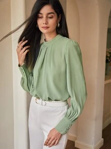 SHEIN Clasi Solid Ruched Keyhole Back Blouse Fall Cloth For Women - Lime Green - View 4