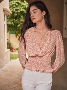 Chiquease Ditsy Floral Shirred Wrap Blouse - Coral Orange - View 6