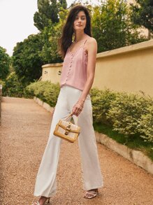 SHEIN Frenchy Button Front Lace Trim Cami Top - Baby Pink - View 4