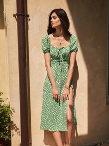 SHEIN Frenchy 碎花前打結胸部褶皺高衩連衣裙 - 綠色 - 查看 6