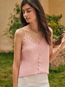 SHEIN Frenchy Button Front Lace Trim Cami Top - Baby Pink - View 5