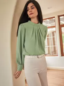 SHEIN Clasi Solid Ruched Keyhole Back Blouse Fall Cloth For Women - Lime Green - View 6