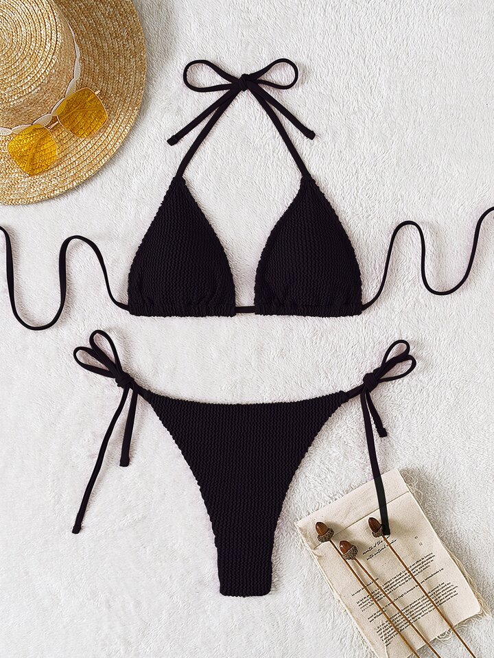 shein textured triangle tie side bikini