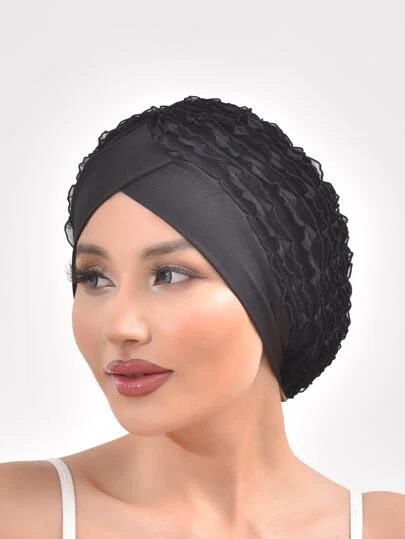 女士纯色优雅褶皱撞色蕾丝头巾帽时尚头巾发帽发套头巾情人节睡帽