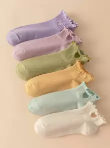 6pairs Heart Embroidered Lettuce Trim Ankle Socks - Multicolor - View 1