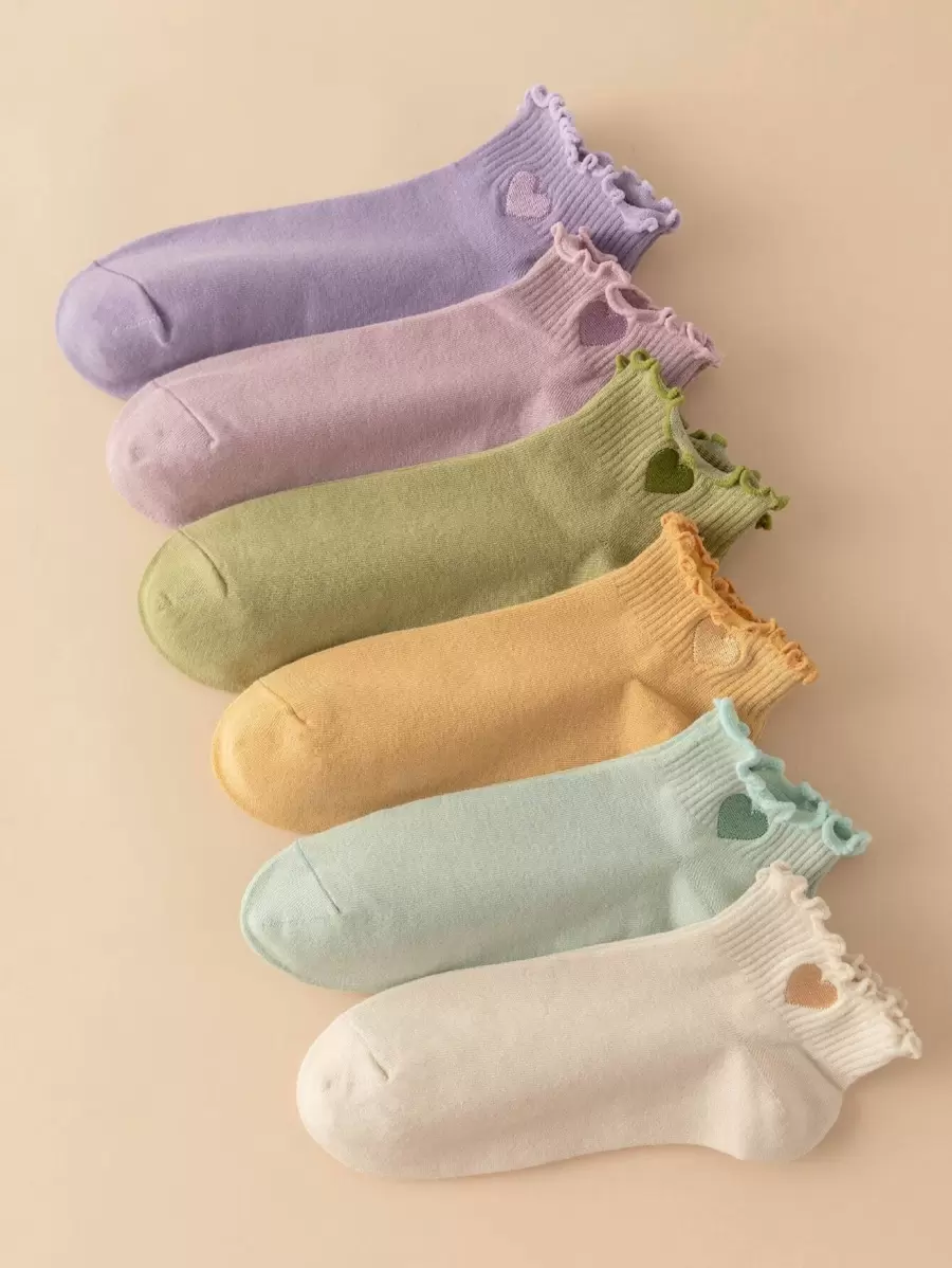6pairs Heart Embroidered Lettuce Trim Ankle Socks - Multicolor - View 1