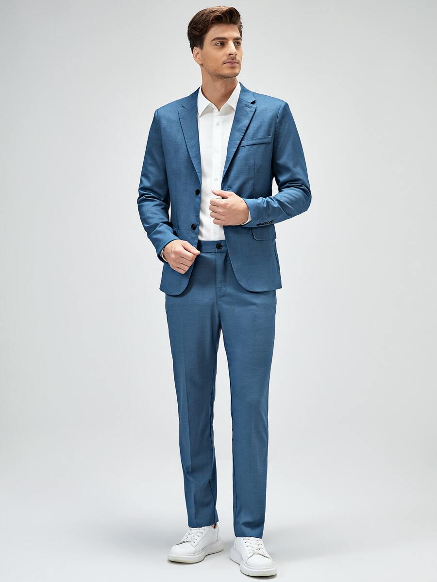 GENTILAND Men Lapel Collar Single Breasted Blazer - Dusty Blue - View 1