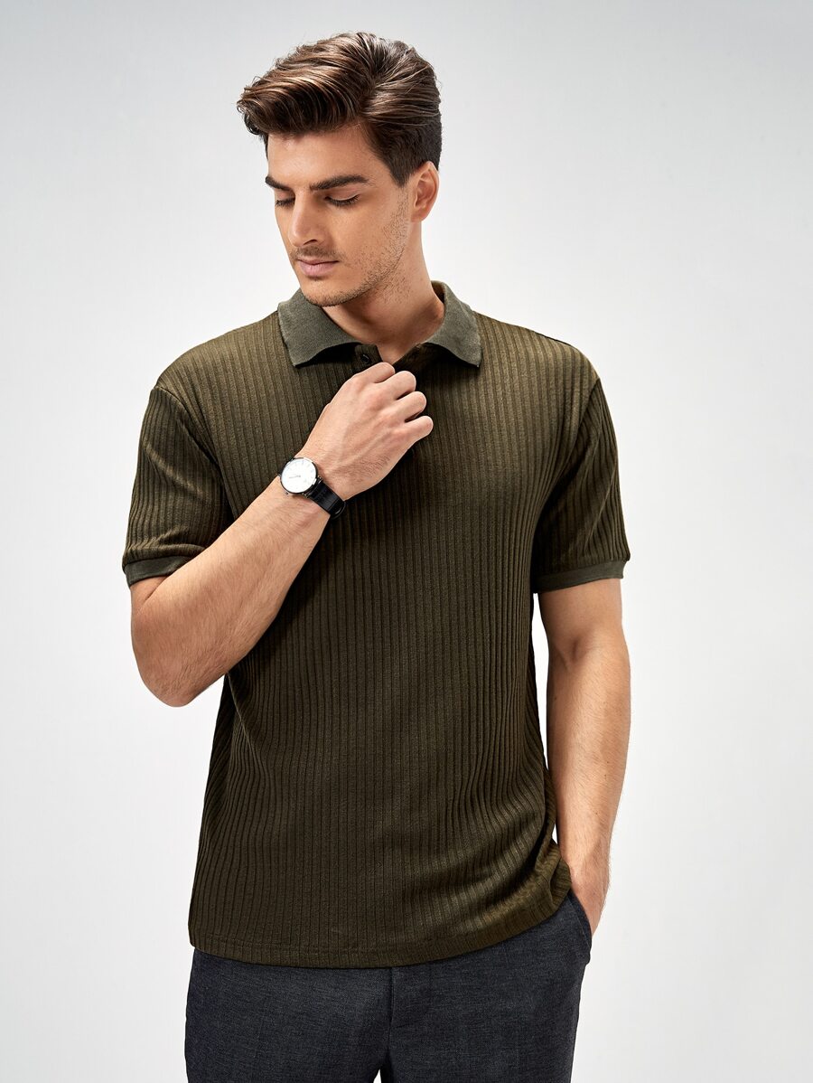 Manfinity Hombres Camisa polo unicolor tejido de canalé - Verde Oliva - Ver 1