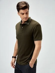 Manfinity Hombres Camisa polo unicolor tejido de canalé - Verde Oliva - Ver 4