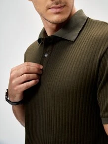 Manfinity Hombres Camisa polo unicolor tejido de canalé - Verde Oliva - Ver 5