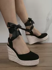 女士極簡腿部繫帶設計編織條帶度假戶外仿麂皮坡跟鞋 - 黑色 - 查看 2